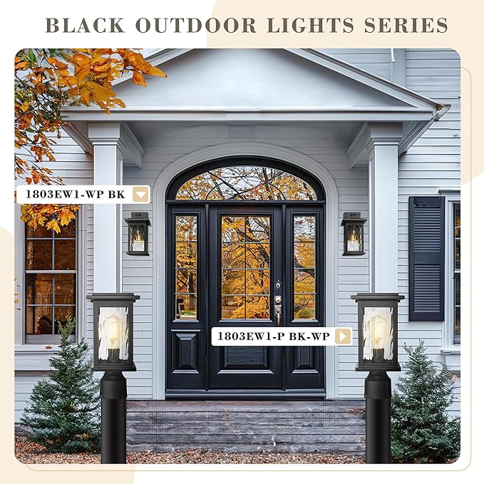 Emliviar 2-Pack Outdoor Pole Lightings Black Pole Lamps with Water Ripple Glass Exterior Colummn Lights for Lawn Porch and Yard 1803EW1-P-2PK-WP