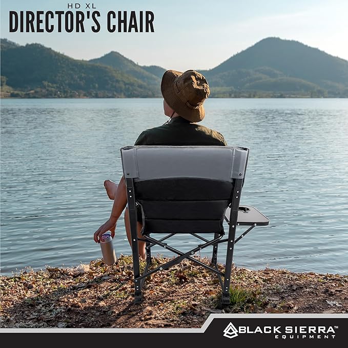 XL Directors Chair with Foldable Side Table Heavy Duty Camp Chair Supports 400 Lbs Oversize Outdoor Folding Seat with High Back and Padded Armrests for Lawn Beach Tailgating Sports (Black)
