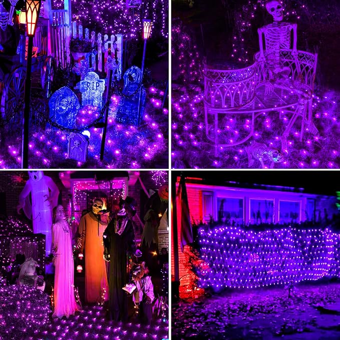 BlcTec Halloween Net Lights 200 LED 8.4ft x 5.2ft Purple Halloween Lights with 8 Modes Timer Connectable Waterproof and Green Wire Design for Trees Bushes Outdoor Decorations