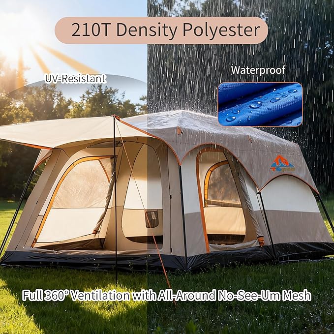 Large Family Standing Upright Camping Tent - 5-12 Persons Multi-Room Waterproof Tent with Screened Porch - Glamping Tent for Outdoor Camping &amp Family Vacation
