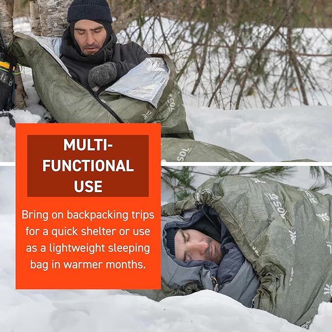 SOL Escape Bivvy with Hood - Emergency Preparedness Blanket - Reflects Up to 70% Body Heat - Outdoor Survival Bivvy - Water Resistant - Durable &amp Breathable - Winter Camping Supplies - Green