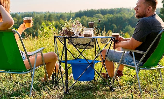 Collapsible Folding Camping Table with Insulated Cooler Cup Holder Mesh Food Basket &amp Travel Bag Blue