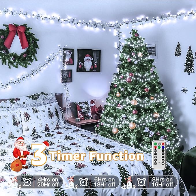 500 LED 25 FT Cluster Lights White Christmas Tree Lights 8 Modes Timer Remote Waterproof String Lights for Indoor Outside Garland Xmas Decorations