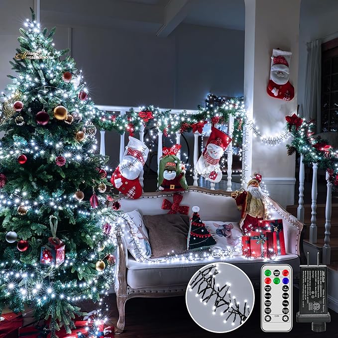 1200 LED 59 FT Cluster Lights White Christmas Tree Lights 8 Modes Timer Remote Waterproof String Lights for Indoor Outside Garland Xmas Decorations