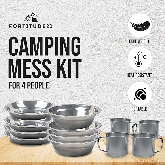 Stainless Steel Camping Mess Kit - Person's Complete Picnic &amp Camp Dish Set Includes Plate Bowl Cup &amp Utensils
