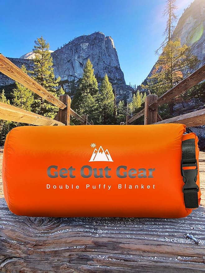 Get Out Gear Double Puffy Camping Blanket - Extra Puffy Packable Lightweight and Warm | Ideal for Outdoors Travel Stadium Festivals Beach Hammock | Water-Resistant Camp Quilt (Orange/Gray)