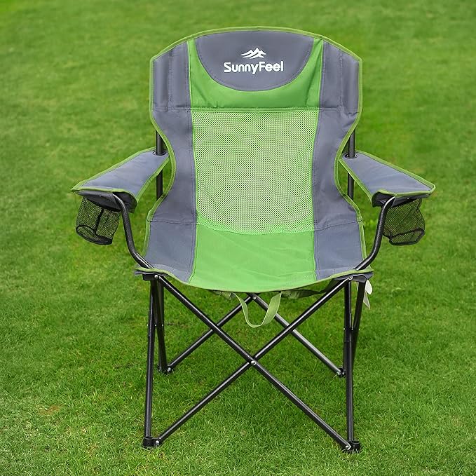 SUNNYFEEL Folding Oversized Camping Chair Padded Portable Lawn Chairs for Adults Heavy Duty 300 LBS Folding Camp Quad Chair High Back with Cup HolderArmrest for PicnicBeachSports