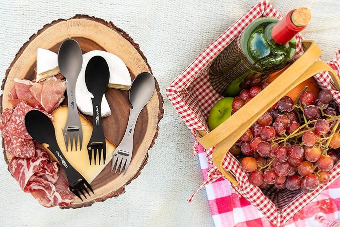 Spork Ultra Lightweight and Strong 5 in 1 Camping Utensil Set-Spoon+Fork+Knife+Peeler+Bottle Opener+Bag+Carry case. Ideal for Outdoors Home or Office