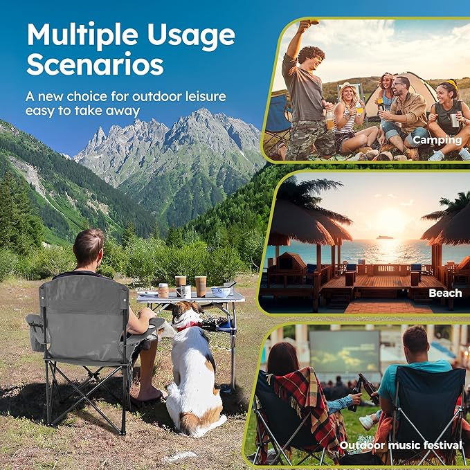 ALPHA CAMP Camping Chair 2 Pack Portable Chair with 3-Can Cooler Folding Chair with Side Pocket and Cup Holder Collapsible for Camping Tailgates Beach Fishing and Sports2PC