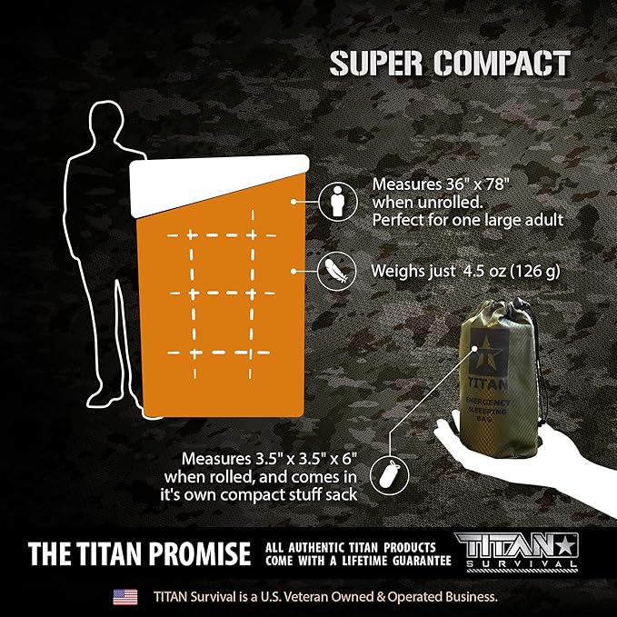 TITANSurvival Emergency Sleeping Bags for Survival 36” x 78” - 90% Heat Retention 41% Thicker &amp Waterproof - Durable Survival Sleeping Bag for Cold Weather Camping - Thermal Sleeping Bag Outdoor