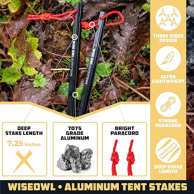 Wise Owl Outfitters Tent Stakes Heavy Duty 16 Pack – Lightweight Non-Rust Aircraft Aluminum Tent Pegs - Metal Ground Stakes for Camping Canopy Tarp