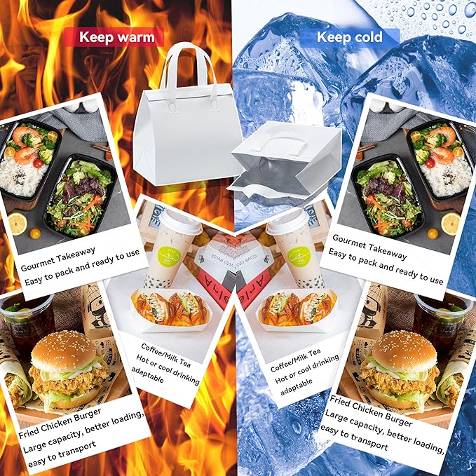 100 Pcs Insulated Take Away Bags Disposable Lunch Bags For Food Takeaways Coffee Milk Tea Seafood Pizza For Restaurants And Grocery Shops 9.5 x 6 x 10 In (white)