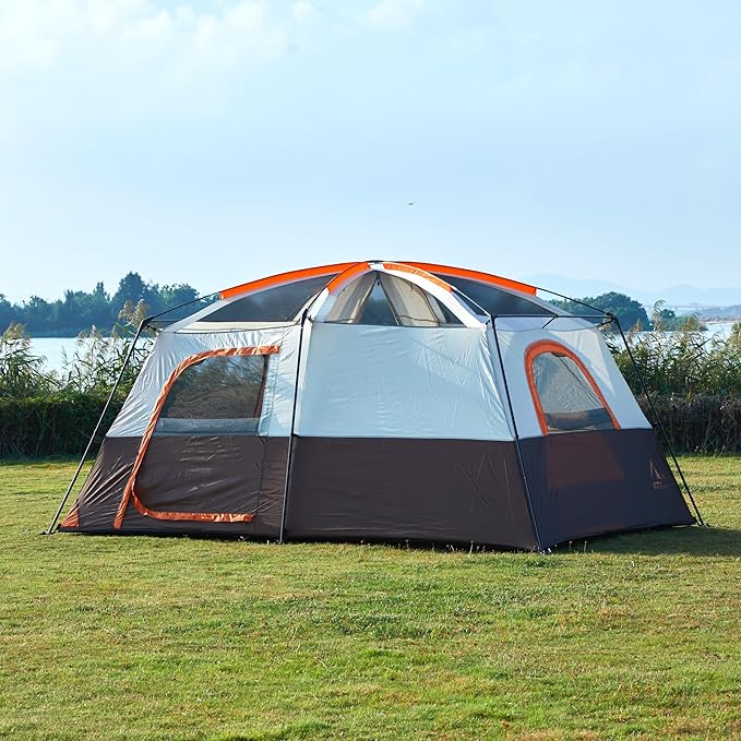 KTT Large Tent 8-10-12 PersonFamily Cabin Tents2 Rooms2 Doors and 4 Windows with MeshStraight WallWaterproofDouble LayerBig Tents for OutdoorPicnicCampingFamily Gathering