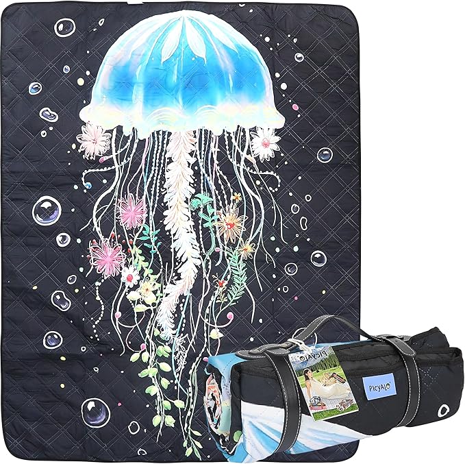 60x80” Double Thickened Picnic Blankets(150g High Density Cotton Stuffed) Jellyfish Pattern Outdoor Picnic Mat Portable Picnic Blanket Foldable with Leather Carry Strap Beach Blanket
