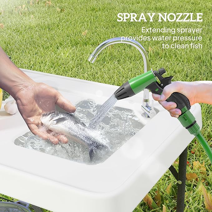 Outsunny Folding Fish Cleaning Table Portable Camping Sink Station with Faucet Drainage Hose Sprayer Grid Rack and Knife Groove Outdoor Fillet Table for Picnic Beach Patio White