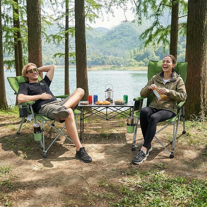 Folding Camping Chair with Cup Holder and Storage Bag Heavy Duty Support 400 LBS Oversized Collapsible Portable Adjustable Back Support Camping Chair for Outdoor (Adjustable-Green)