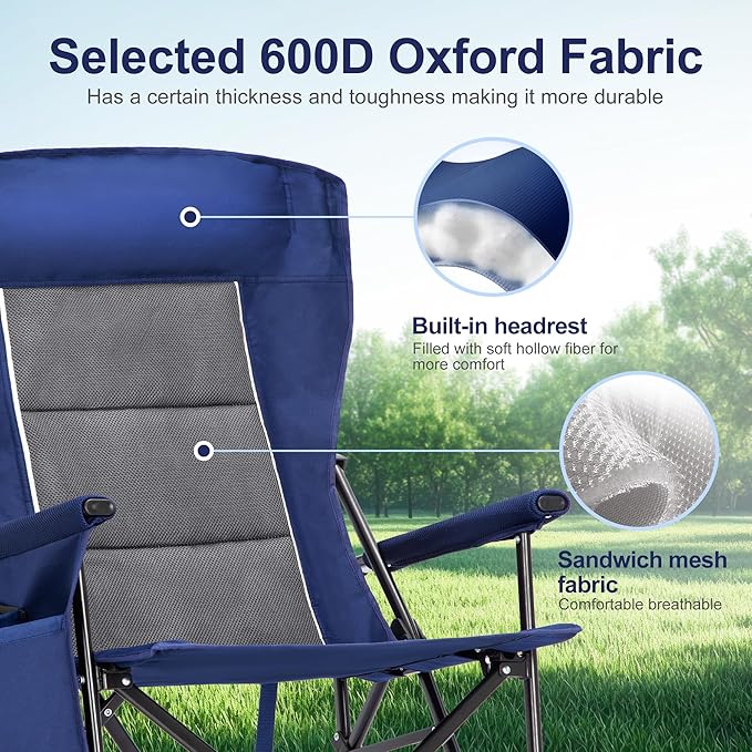 LET'S CAMP Oversized Camping Chairs 29.52 High Back Heavy Duty Lawn Chair Support 500LBS Portable Collapsible Chair with Cup Holder Side Pocket2 Pack(Blue)