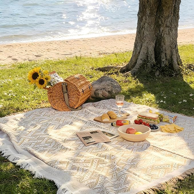 Outdoor Picnic Blanket Sandproof - Portable Lightweight Blanket T-Grid Picnic Mat for Beach Camping Park Lawn Concert &amp Wedding Photoshoot Indoor Bohemian Decor Machine Washable