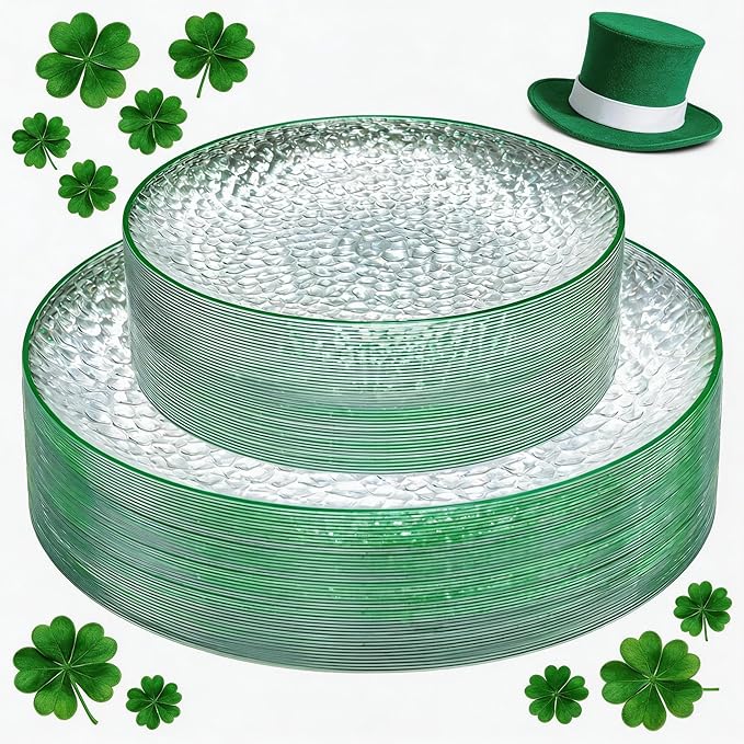 Rubtlamp 60Pcs Plastic St Patricks Day Plates Plates Clear Plastic Disposable Plates With Green Rim Green Heavy Duty Fancy Hammered Party Plate Include 30 Dinner Platos30 Salad Platos for Easter