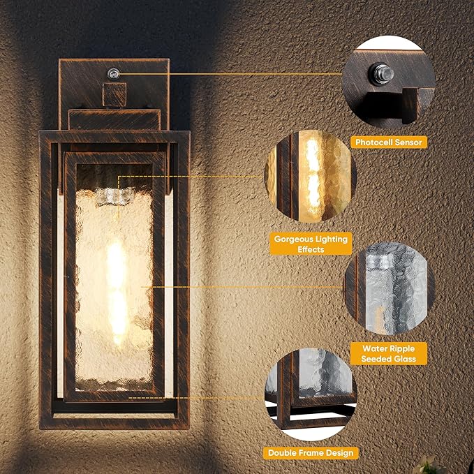 Dusk to Dawn Outdoor Wall Lantern Water Ripple Exterior Porch Light Fixture Black Gold 2 Pack Sensor Outside Lantern Lamp Porch Mount Lamp for Doorway Waterproof Wall Sconce Light (Bulb Included)