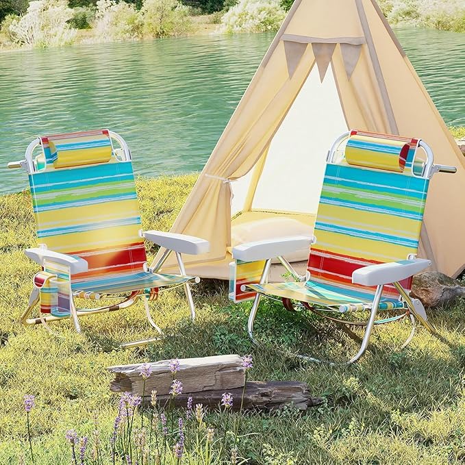 COSTWAY Backpack Beach Chair Foldable Camping Chair with 5 Adjustable Position Cup Holder Storage Pockets Straps Towel Rack Pillow for Patio Outdoor (Color Stripe1)