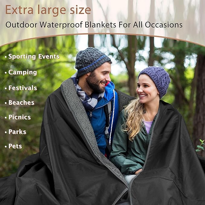 Tirrinia Waterproof Outdoor Blanket with Sherpa Lining Windproof Triple Layers Warm Comfy Foldable for Camping Stadium Beach Picnic Grass Concerts Car Dog 51''X 59'' &amp 59''X 80''