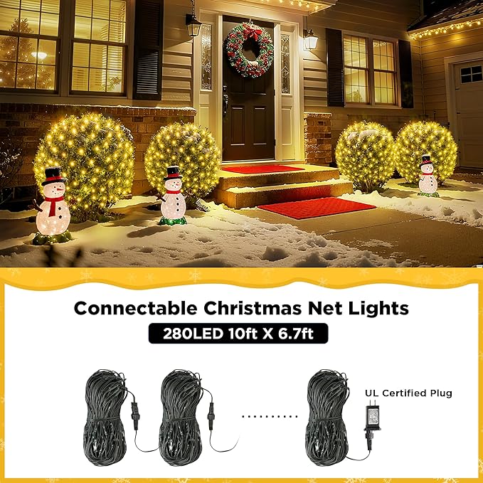 BlcTec Upgraded Outdoor Christmas Lights 280LED 10ft x 6.7ft Christmas Net Lights with UL Certified 8 Modes Timer Connectable Waterproof &amp Thick Wire for Bushes Shrubs Decorations WarmWhite
