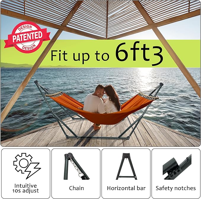 Tranquillo Sturdy Steel Hammock with Stand Premium Cotton Canvas Hammock 600 lbs Capacity Hammock Stand Folding Portable 30-Second Fold Unfold Hammock for Camping Orange