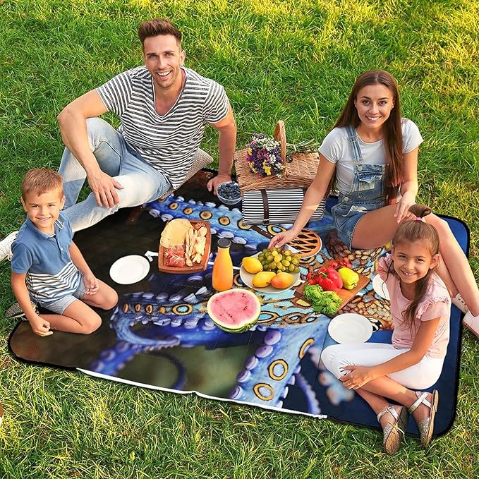 Zipper Blue Ringed Octopus Style Picnic Mat Suitable for Travel Camping Park Or Home Use