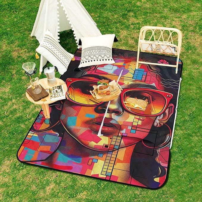 Zipper Girl Wearing Sunglasses Style Picnic Mat Suitable for Travel Camping Park Or Home Use