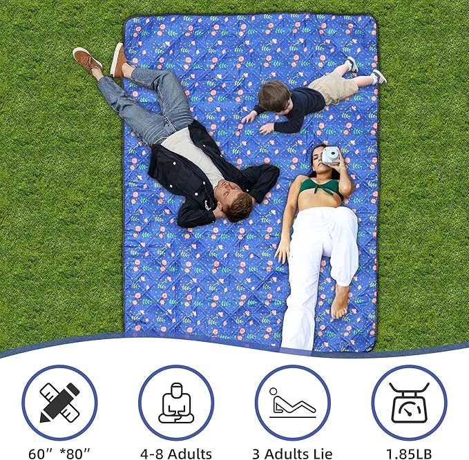 Outdoor Picnic Blanket Blue Floral 60x80 Sandproof Beach Blanket Waterproof Picnic Blankets Foldable for Caming Beach Outdoor Activities.