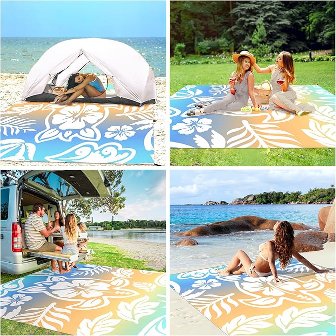 Shedoo Beach Blanket 78''×86'' Large Waterproof Sandproof Beach Mat for 2-4 Adults Lightweight Compact Sand Free Outdoor Picnic Blanket with 4 Stakes &amp 4 Corner Pockets