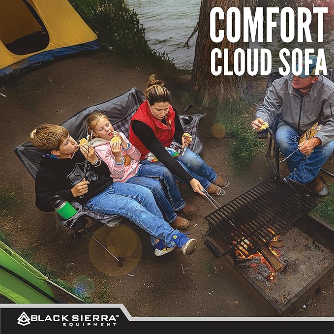 Black Sierra Double Camping Chair for Adults Oversized Folding Loveseat Supports 600 lbs Plush Padded Outdoor Couch with Cup Holders and Carry Bag for Beach Patio RV or Tailgating Events