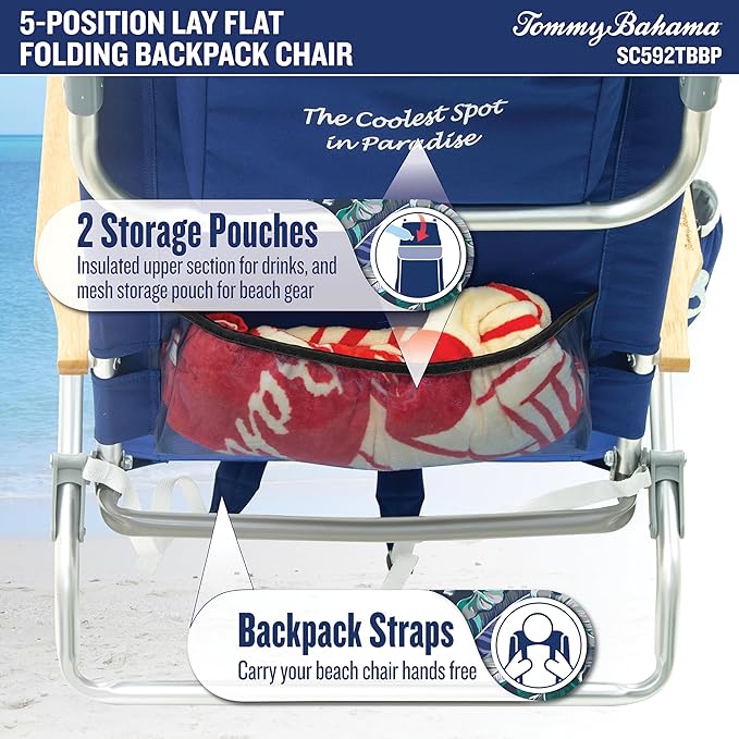 Tommy Bahama 5-Position Classic Lay Flat Folding Backpack Beach Chair Blue and Green Stripe 23 x 25.25 x 31.5