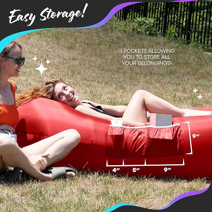 Nevlers Navy &amp Red Inflatable Lounger 2 Pack | 210T Polyester Inflatable Couch | No-Pump Blow Up Chair Set| Inflatable Sofa w/ 450lbs Capacity Pockets &amp Matching Bag for Use as Festival Acces