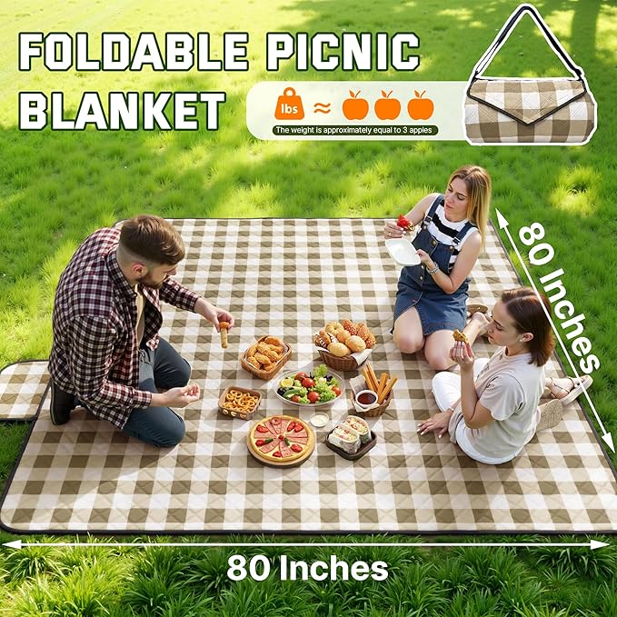 TigeJoy Extra Large Picnic Blanket Waterproof Foldable 60''x80'' Outdoor Picnic Mat Beach Blanket Sandproof for Park Grass Travel Hiking Camping Essentials Gingham Picnic Blanket