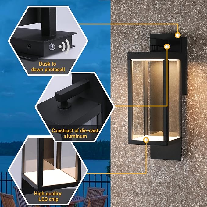 Dusk to Dawn Outdoor Wall Porch Light 800Lm Modern Sconce 3000K LED Matte Black Exterior Fixtures Mounted Patio Lamps Waterproof for Garage Walkway Backyard Garden