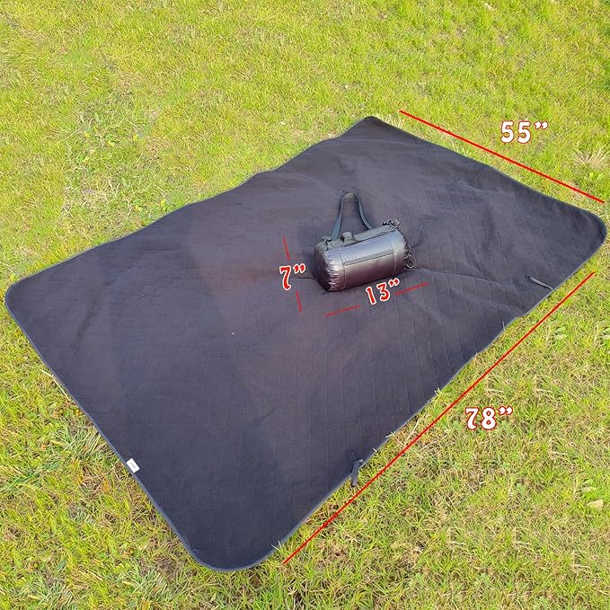 Large Outdoor Waterproof Blanket-Quilted Extra Thick Fleece Windproof Warm Includes Stuff Sack Shoulder Strap Machine Washable55x78-Black