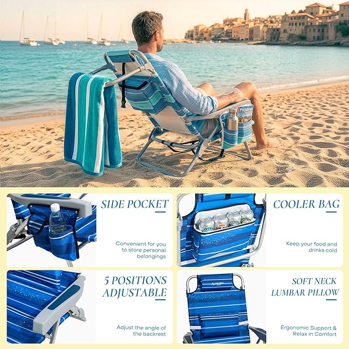 Beach Chairs for Adults Portable Folding Backpack Beach Chair Heavy Duty 5-Position Lay Flat with Cooler Bag Cup Holder for Outdoor/Lawn/Trip/Picnic/Fishing/Camping