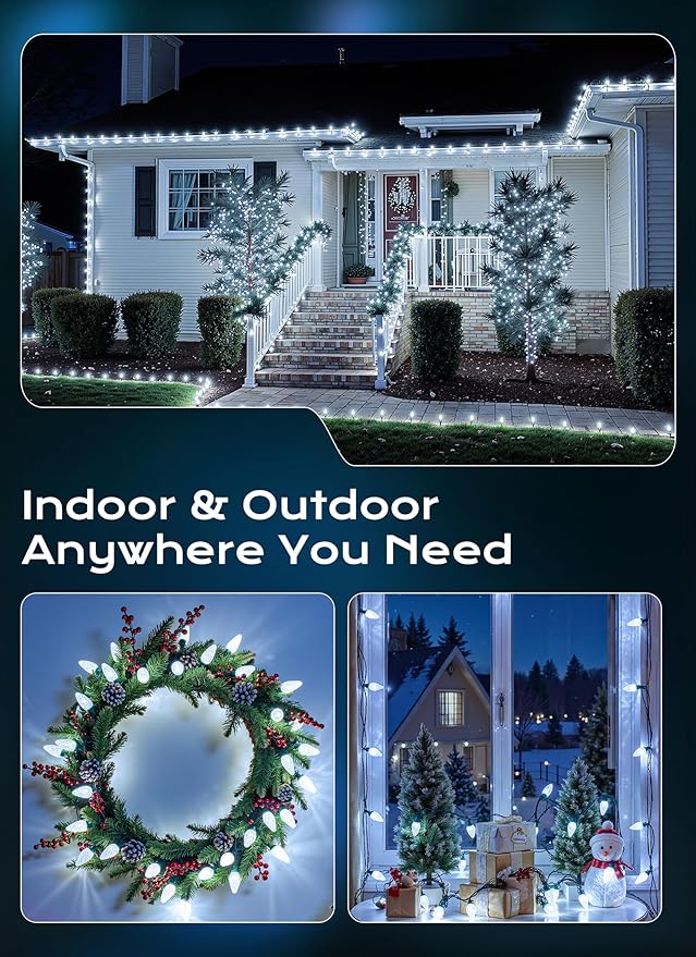 Minetom C9 Christmas Lights Outdoor 72 FT 110 LED C9 String Lights 8 Modes &amp Timer Connectable Waterproof for Christmas Tree Light Indoor Outdoor Roofline Patio Outside Yard Xmas Decor White