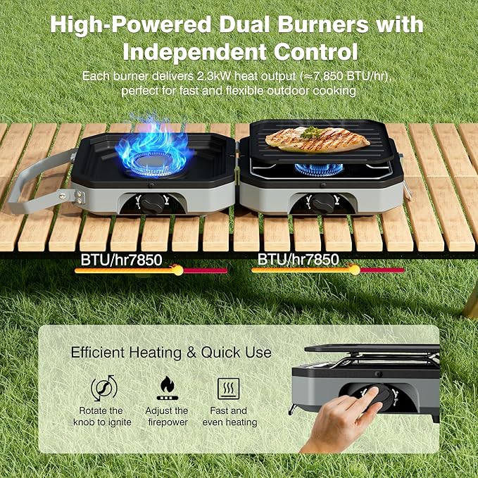 Camping Stove Portable Propane Camp Stove with Independently Adjustable Heat &amp 2 Burners Foldable Gas Stove with Carry Bag for Outdoor CookingTailgating &amp Backyard Gathering（Gray）