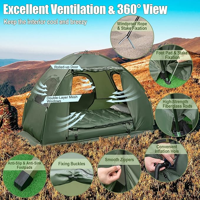 Goplus Camping Tent Cot 5-in-1 Folding Camping Bed with Awning Air Mattress Sleeping Bag Bedspread Off Ground Elevated 1-2 Person Cot Tent with Carrying Bag Air Pump for Camping Picnic Outdoor