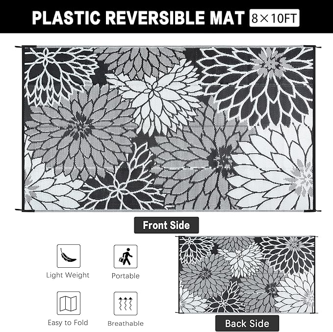 HUGEAR 8'x10' Outdoor Rug Waterproof Plastic Straw Rugs Large Black Reversible Floral Mat Floor Carpet for Camping RV Deck Entryance Porch Picnic Balcony Beach Backyard