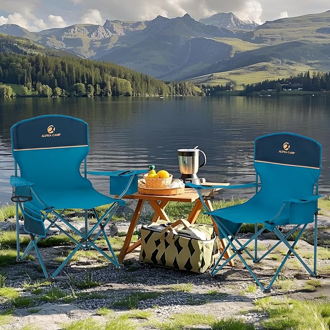 ALPHA CAMP Folding Camping Chairs for Adults Lawn Chairs Outdoor Chairs Support 250 LBS Portable Camp Chairs with Cup Holders Cooler Pouch for Outdoor 2 Pack