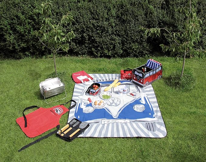 BRISA VW Collection - Volkswagen Picnic Cuddle Throw Blanket T1 Bus Campervan (Samba Stripes/Blue/200x150cm/59x78.7 in.)