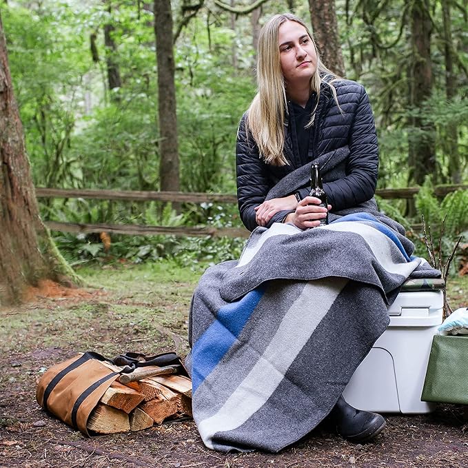 Arcturus Rainier Wool Blanket - 4.5lbs Warm Heavy Washable Large | Great for Camping Outdoors Survival &amp Emergency Kits (White Blue Gray)