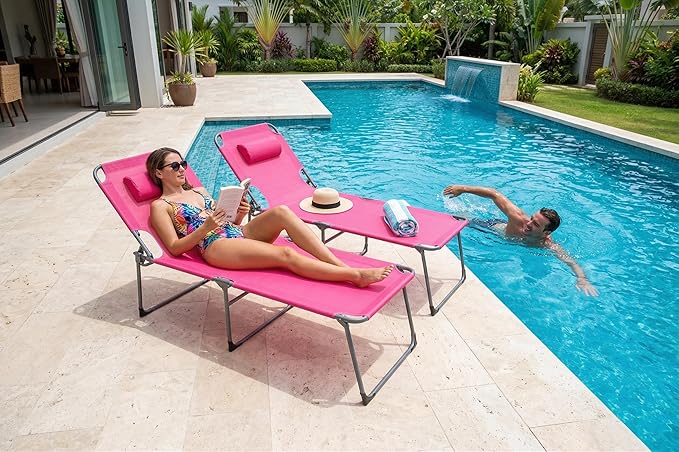 Tanning Chair with Face Hole Folding Beach Lounge Chair 5-Position Adjustable Backrest Face Down Chaise Lounge with Pillow and Side Pocket Portable for Poolside Patio Backyard Beach Pink