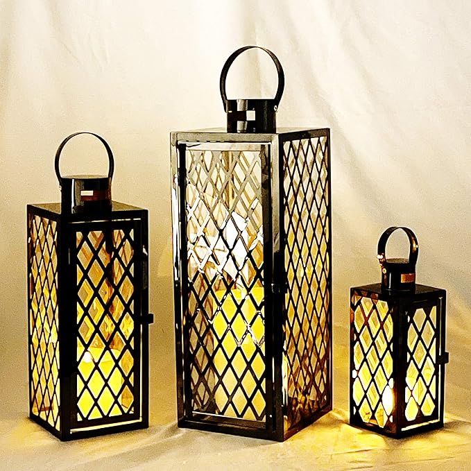 Allgala Lantern Set 3-PC Set Jumbo Luxury Modern Indoor/Outdoor Hurricane Candle Lantern Set with Chrome Plated Structure and Tempered Glass-Diamond Gold-HD88051
