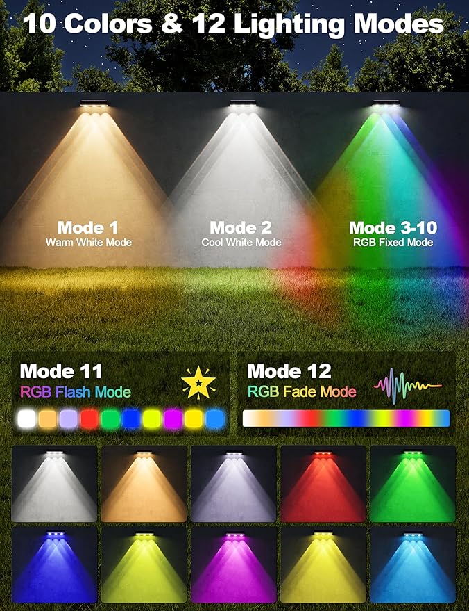 APONUO Solar Fence Lights Outdoor Waterproof Fence Lights Solar Powered 12 RGB Color Modes &amp Warm White &amp Cool White Fence Solar Light Outdoor for Backyard Patio Wall Deck Yard（8 Pack
