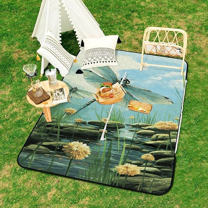Zipper Dragonflies in Flight Style Picnic Mat Suitable for Travel Camping Park Or Home Use